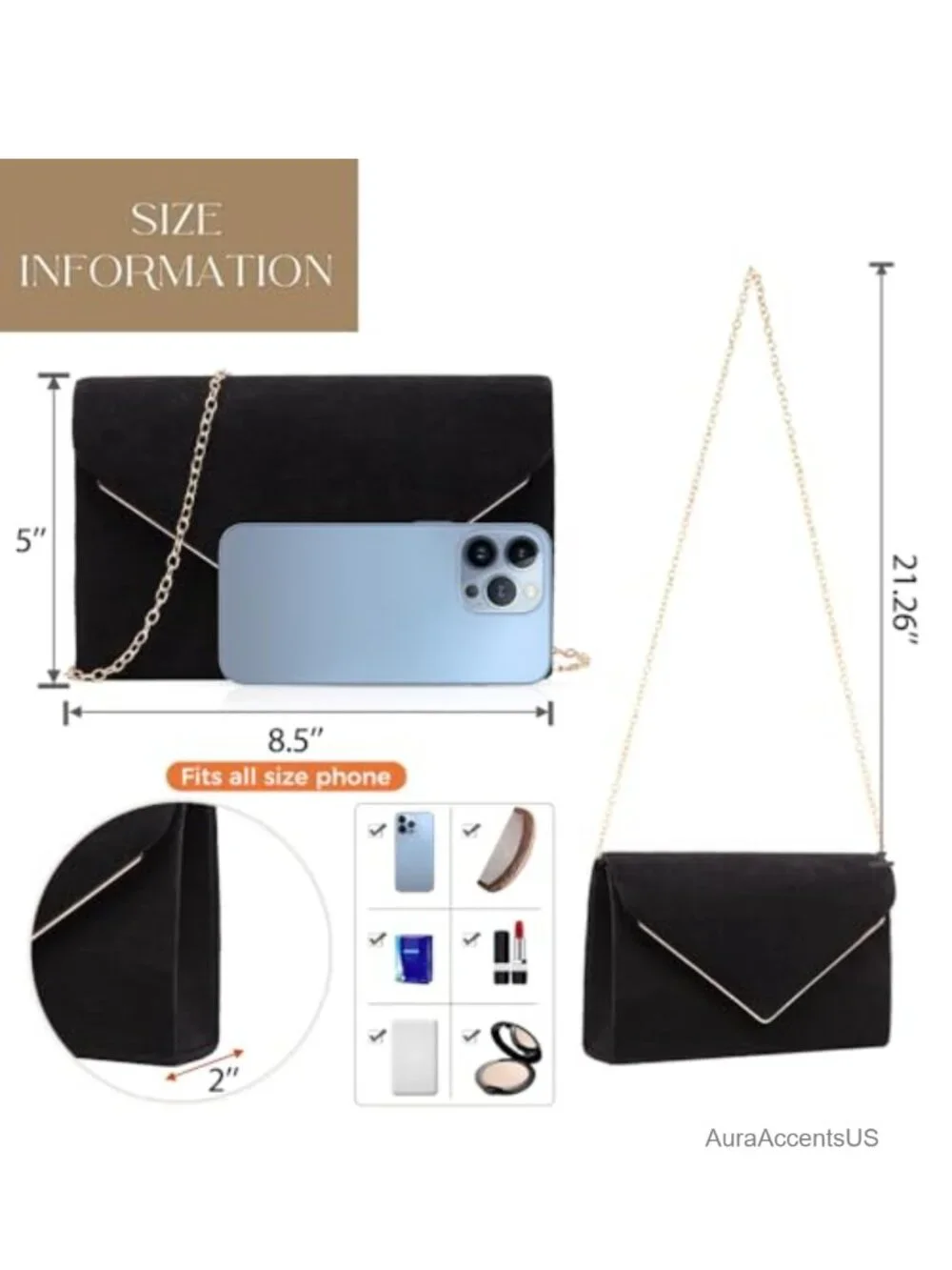 Faux Suede Evening Clutch Purse for Women, Detachable Chain Shoulder Strap